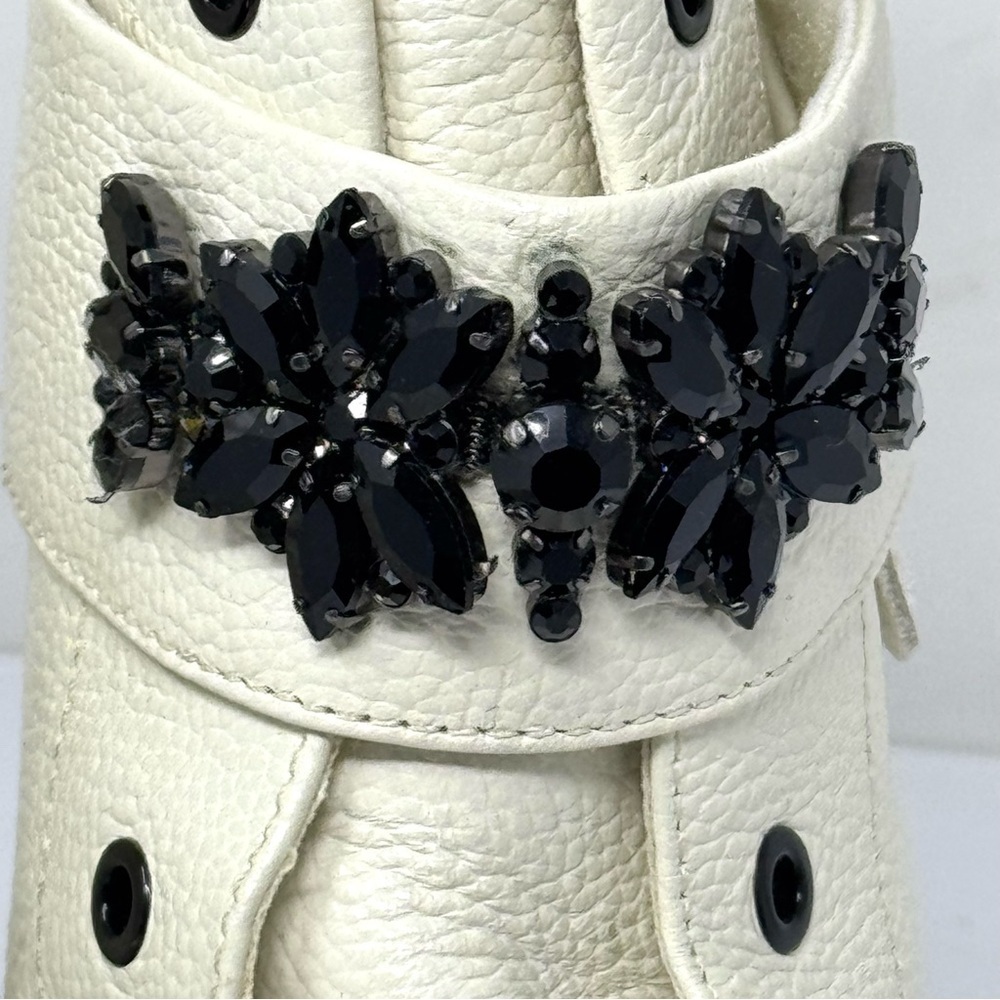 Karl Lagerfeld Pippa Cream Leather Lug Sole Ankle Boots Rhinestone Strap 9.5 - Picture 4 of 8